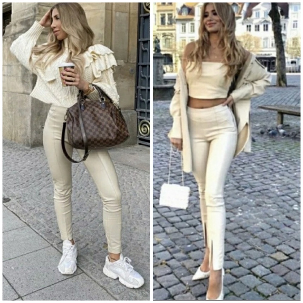 ZARA Beige Ankle Zip Faux Leather Leggings Skinny leg M Bloggers Favorite.